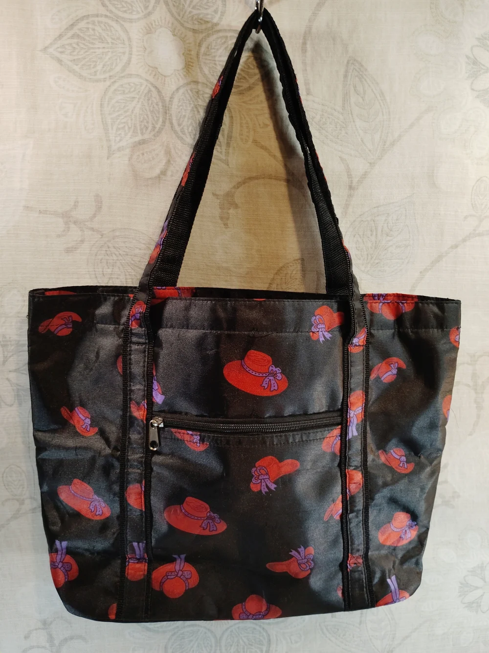 Black Shoulder Tote with Red & Purple Hat Print